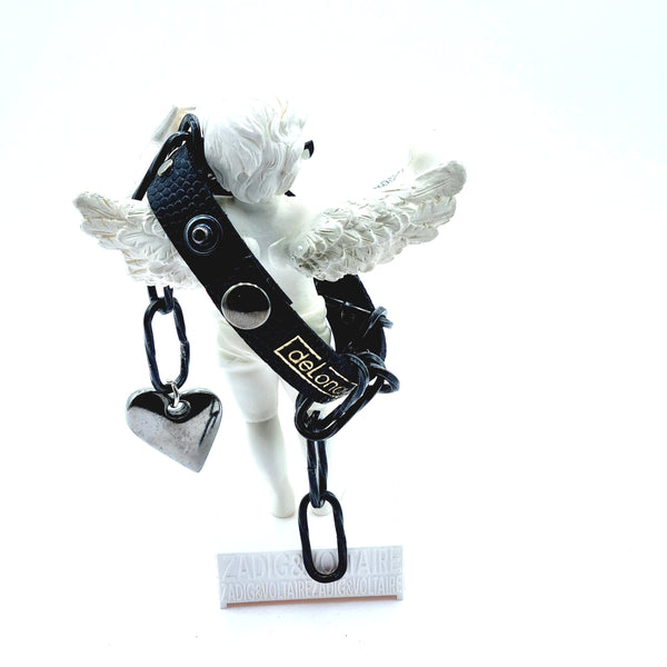 P022 - Bracelet Basket Noir avec chaîne et coeur décoratif