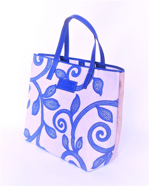Tote Bag - T002 - Shopping Bag confeccionado con lino bordado, yute y piel