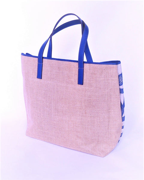 Tote Bag - T002 - Shopping Bag confeccionado con lino bordado, yute y piel